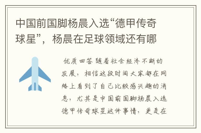中国前国脚杨晨入选“德甲传奇球星”,杨晨在足球领域还有哪些成就?