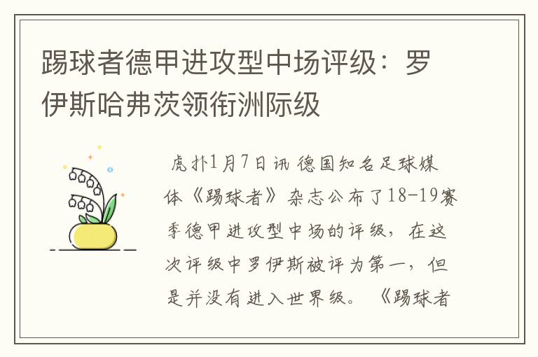 踢球者德甲进攻型中场评级:罗伊斯哈弗茨领衔洲际级