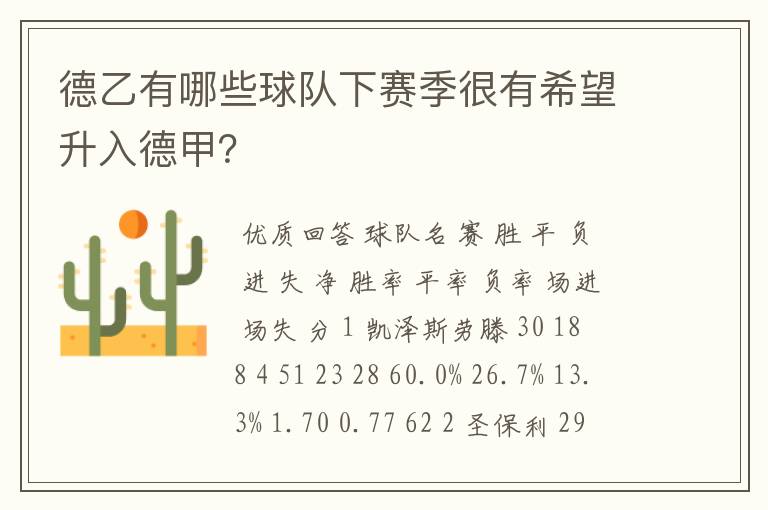 德乙有哪些球队下赛季很有希望升入德甲?
