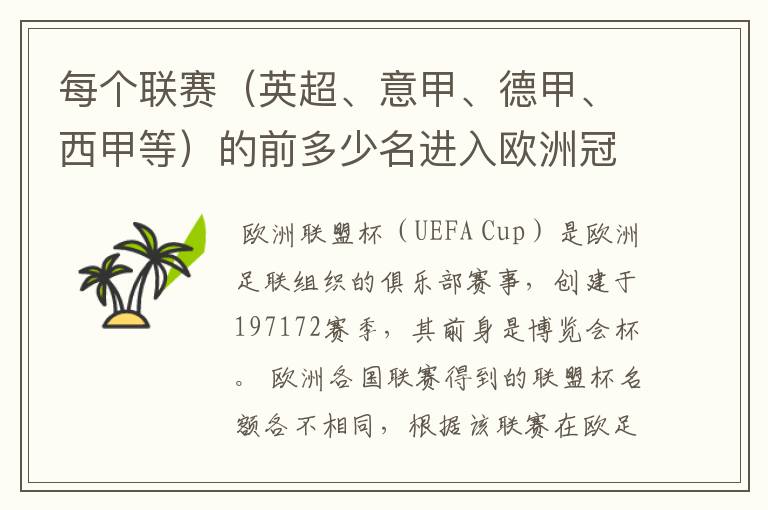 每个联赛(英超、意甲、德甲、西甲等)的前多少名进入欧洲冠军杯?多少名进入欧洲联盟杯?