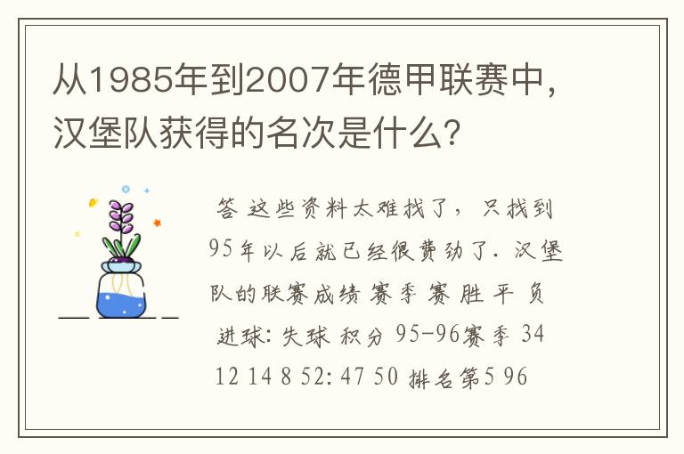 从1985年到2007年德甲联赛中,汉堡队获得的名次是什么?