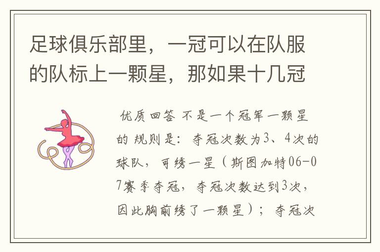 足球俱乐部里,一冠可以在队服的队标上一颗星,那如果十几冠怎么表示呢?就跟五大联赛豪门那样,怎么表示