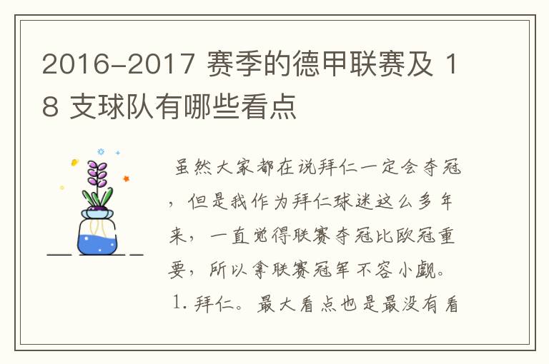 2016-2017 赛季的德甲联赛及 18 支球队有哪些看点