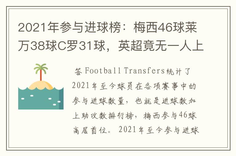 2021年参与进球榜:梅西46球莱万38球C罗31球,英超竟无一人上榜