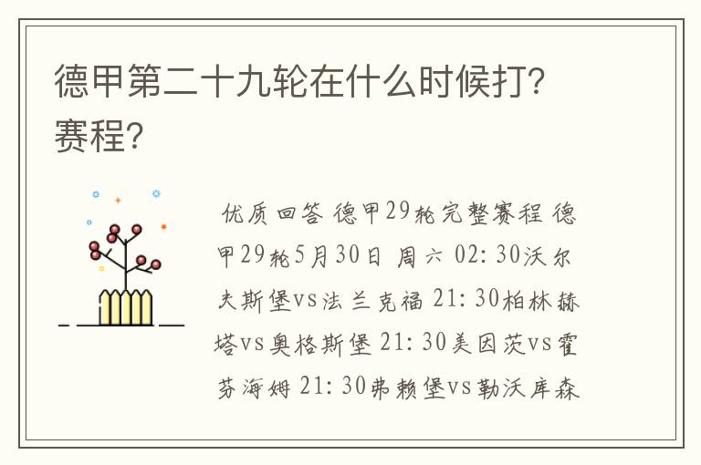德甲第二十九轮在什么时候打?赛程?