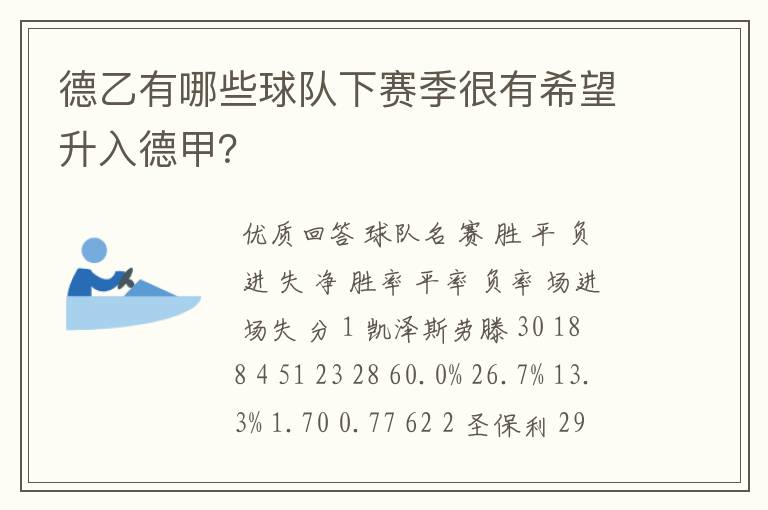 德乙有哪些球队下赛季很有希望升入德甲?