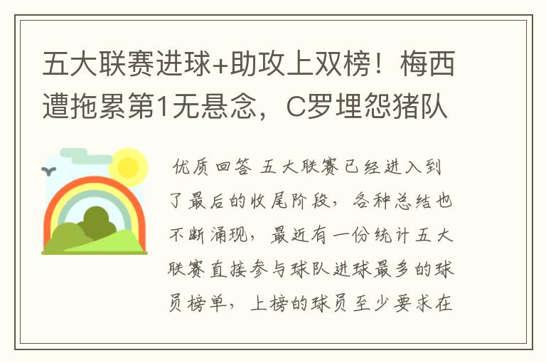 五大联赛进球+助攻上双榜!梅西遭拖累第1无悬念,C罗埋怨猪队友