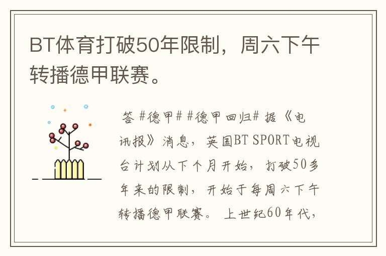 BT体育打破50年限制,周六下午转播德甲联赛。