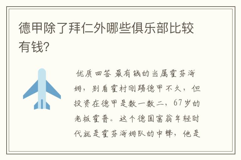 德甲除了拜仁外哪些俱乐部比较有钱?