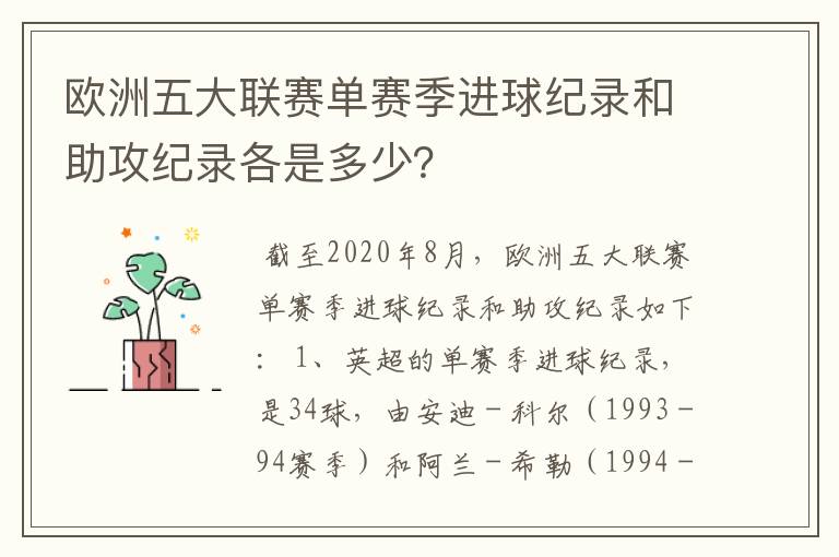 欧洲五大联赛单赛季进球纪录和助攻纪录各是多少?