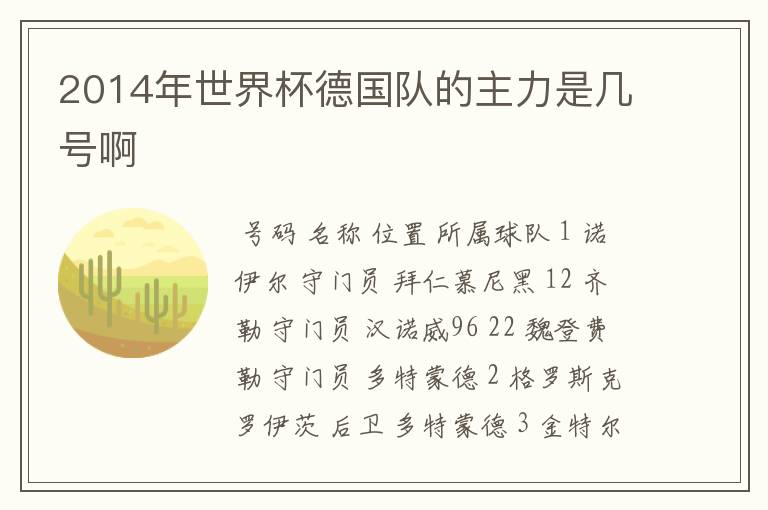 2014年世界杯德国队的主力是几号啊