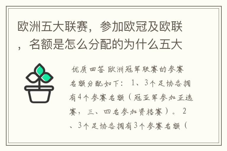 欧洲五大联赛，参加欧冠及欧联，名额是怎么分配的为什么五大联赛只有法甲