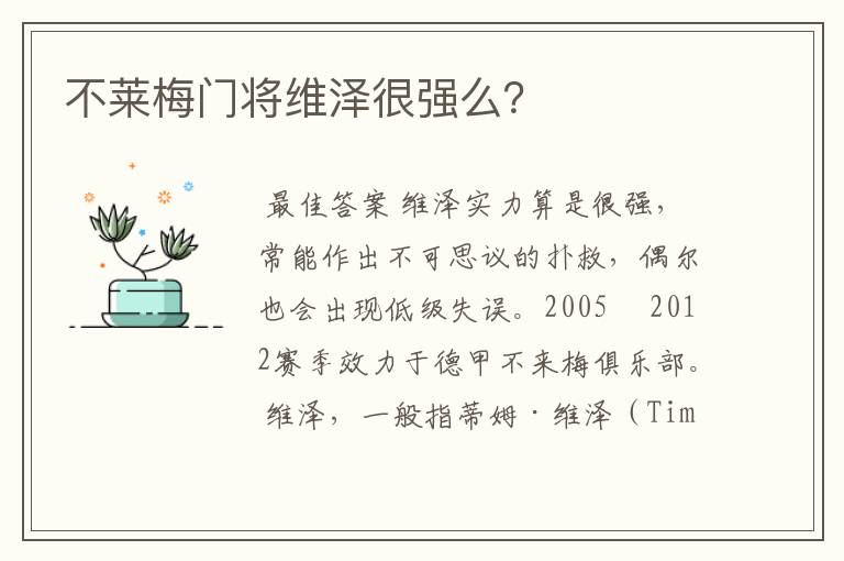 不莱梅门将维泽很强么?