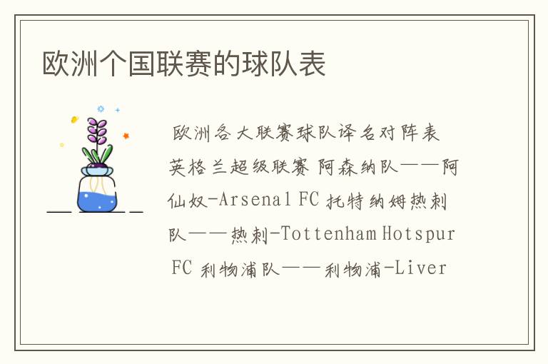 欧洲个国联赛的球队表