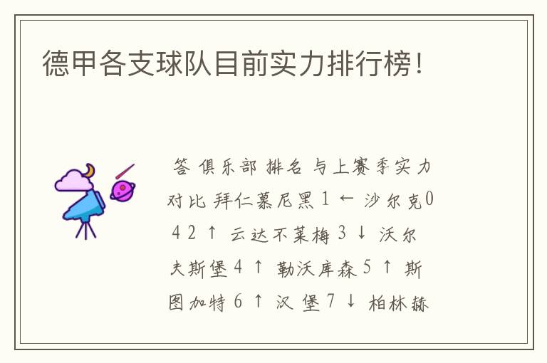 德甲各支球队目前实力排行榜!