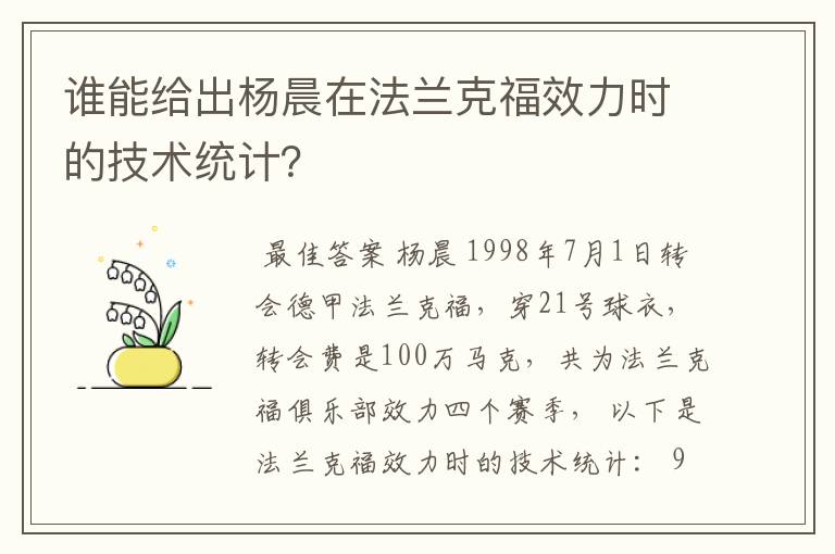 谁能给出杨晨在法兰克福效力时的技术统计?