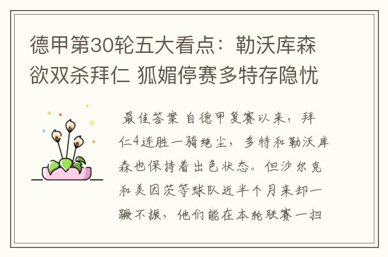 德甲第30轮五大看点:勒沃库森欲双杀拜仁 狐媚停赛多特存隐忧