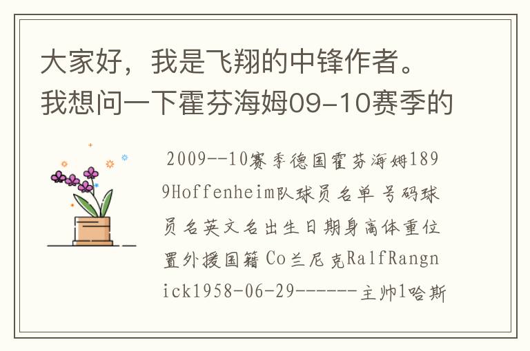 大家好,我是飞翔的中锋作者。我想问一下霍芬海姆09-10赛季的主力阵容和替补,主教练和助理教练以及09-.