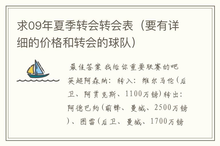 求09年夏季转会转会表(要有详细的价格和转会的球队)
