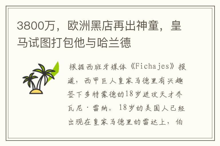 3800万,欧洲黑店再出神童,皇马试图打包他与哈兰德