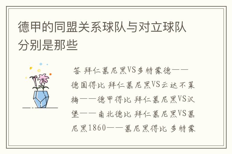 德甲的同盟关系球队与对立球队分别是那些