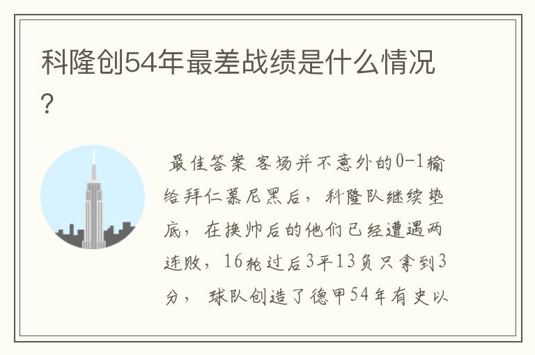 科隆创54年最差战绩是什么情况?