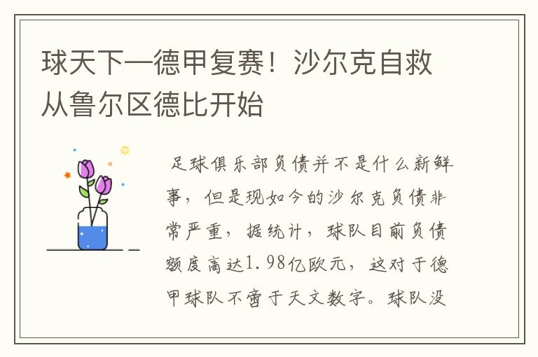 球天下—德甲复赛!沙尔克自救从鲁尔区德比开始