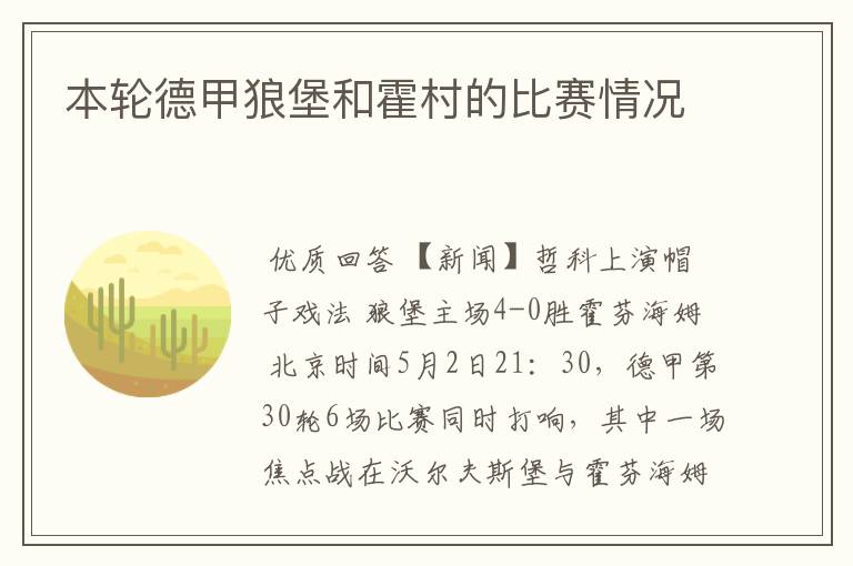 本轮德甲狼堡和霍村的比赛情况