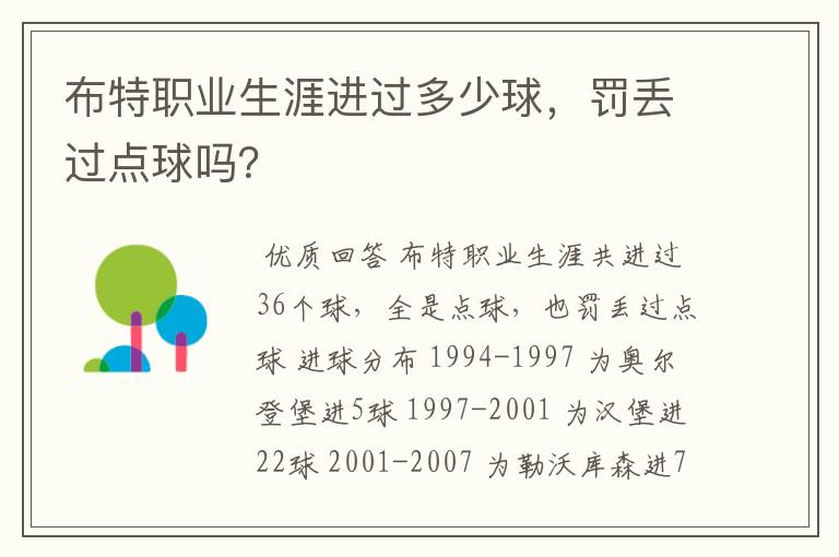 布特职业生涯进过多少球,罚丢过点球吗?