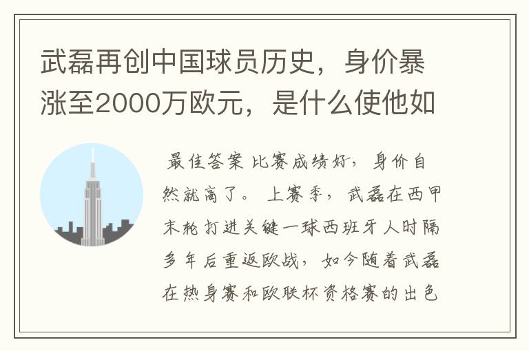 武磊再创中国球员历史,身价暴涨至2000万欧元,是什么使他如此值钱?
