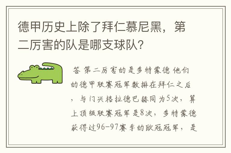 德甲历史上除了拜仁慕尼黑,第二厉害的队是哪支球队?