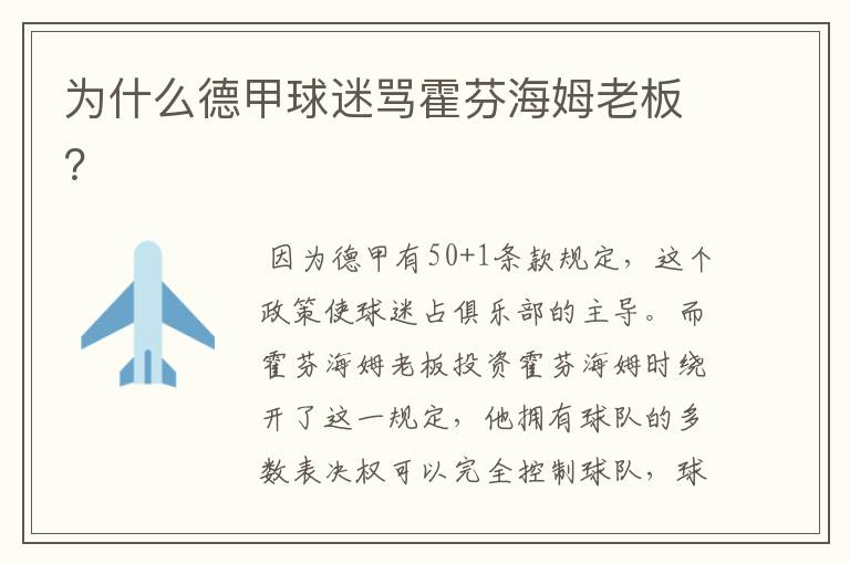 为什么德甲球迷骂霍芬海姆老板?