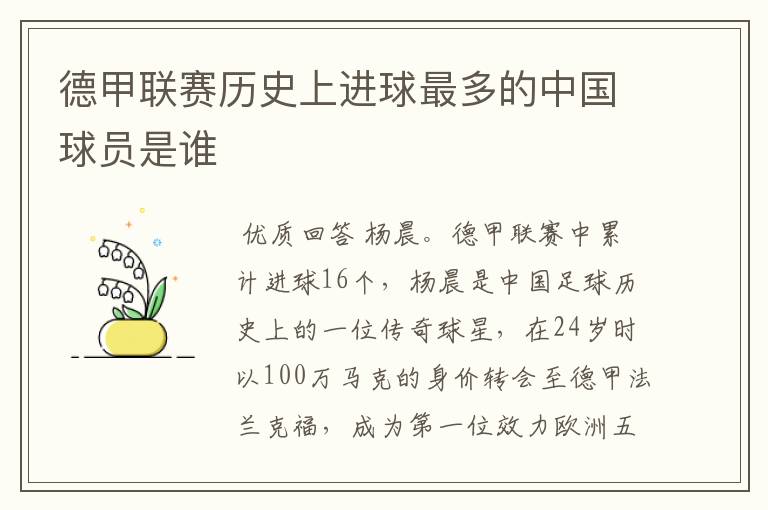 德甲联赛历史上进球最多的中国球员是谁