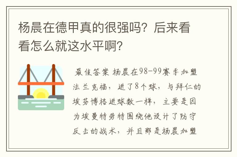 杨晨在德甲真的很强吗?后来看看怎么就这水平啊?