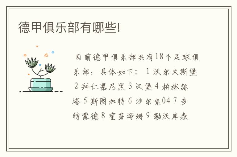 德甲俱乐部有哪些!