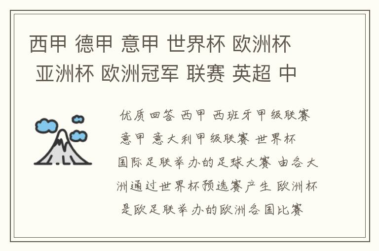 西甲 德甲 意甲 世界杯 欧洲杯 亚洲杯 欧洲冠军 联赛 英超 中超 分别是什么意思啊?