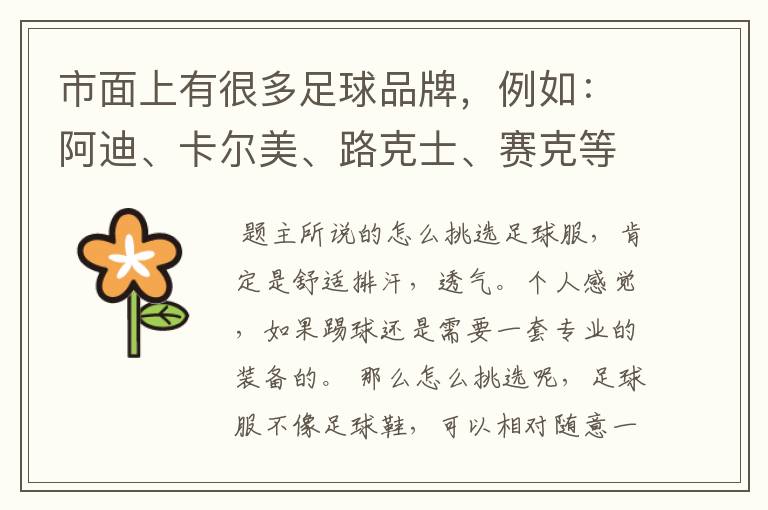 市面上有很多足球品牌,例如:阿迪、卡尔美、路克士、赛克等等,如何辨别足球服穿起来属不舒服?