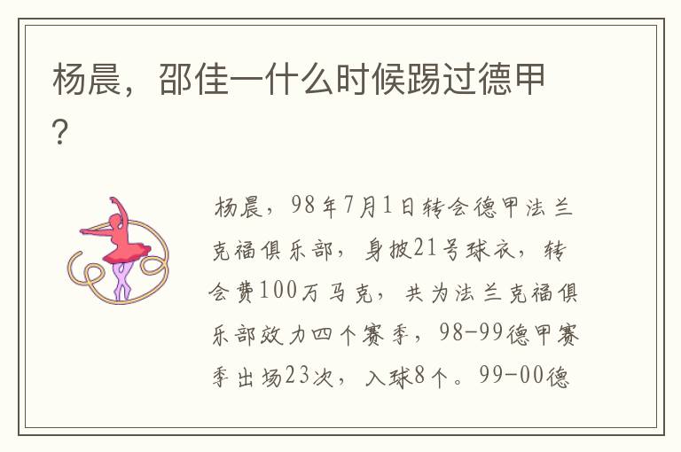 杨晨,邵佳一什么时候踢过德甲?