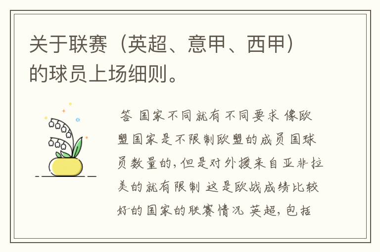 关于联赛(英超、意甲、西甲)的球员上场细则。