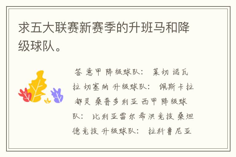 求五大联赛新赛季的升班马和降级球队。