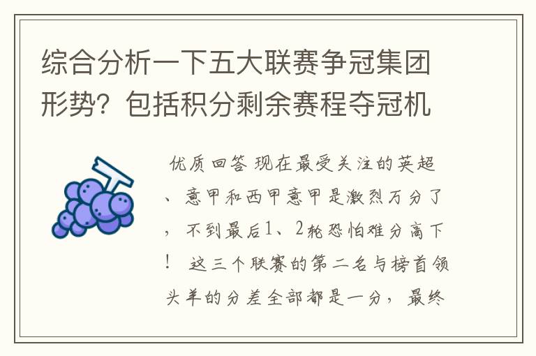 综合分析一下五大联赛争冠集团形势?包括积分剩余赛程夺冠机会啥的