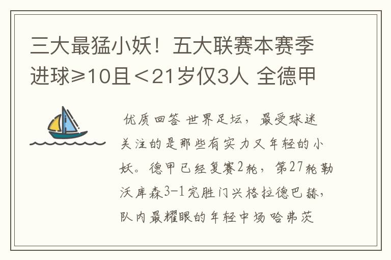 三大最猛小妖!五大联赛本赛季进球≥10且<21岁仅3人 全德甲制造