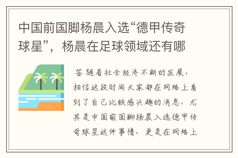 中国前国脚杨晨入选“德甲传奇球星”,杨晨在足球领域还有哪些成就?