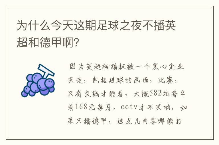 为什么今天这期足球之夜不播英超和德甲啊?
