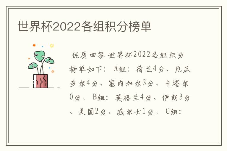 世界杯2022各组积分榜单