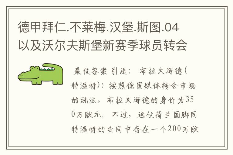 德甲拜仁.不莱梅.汉堡.斯图.04以及沃尔夫斯堡新赛季球员转会一览