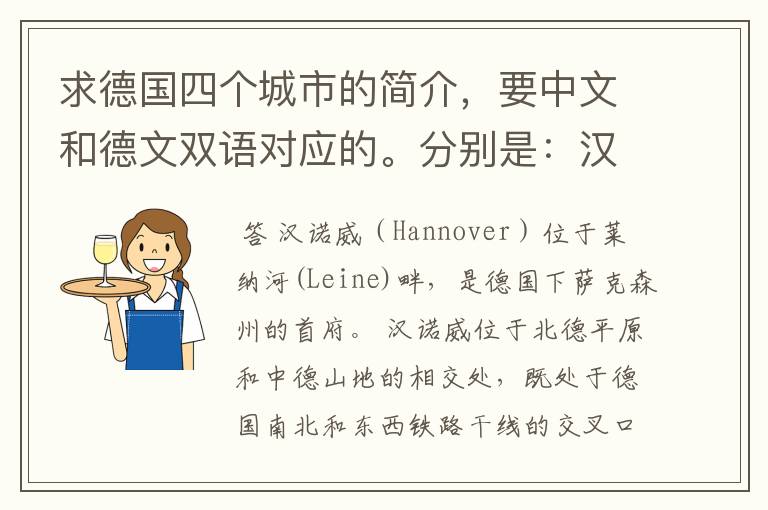 求德国四个城市的简介,要中文和德文双语对应的。分别是:汉诺威、纽伦堡、沃芬比特。哪怕一个也可以先发