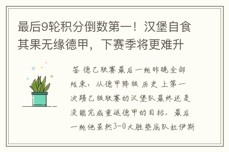 最后9轮积分倒数第一!汉堡自食其果无缘德甲,下赛季将更难升级