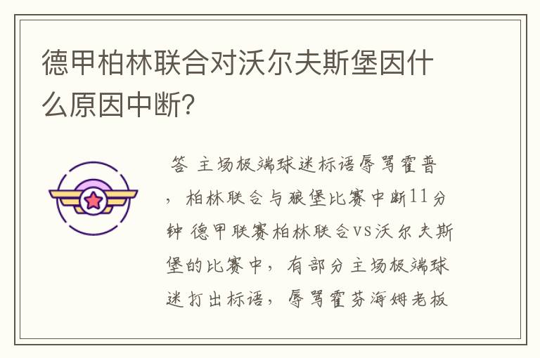 德甲柏林联合对沃尔夫斯堡因什么原因中断?