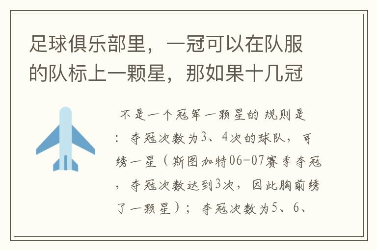 足球俱乐部里,一冠可以在队服的队标上一颗星,那如果十几冠怎么表示呢?就跟五大联赛豪门那样,怎么表示